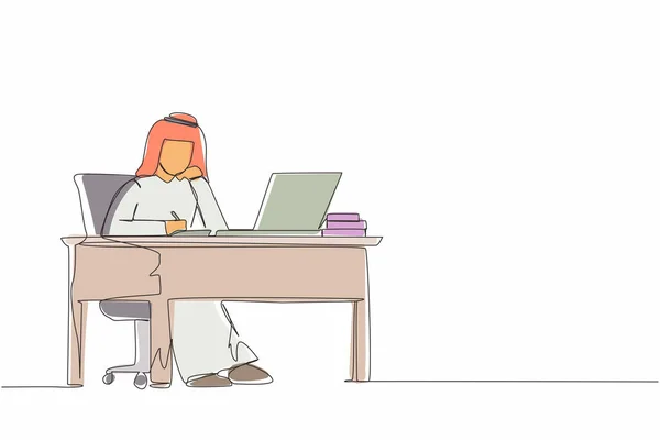 Linha Única Contínua Desenho Árabe Empresário Escrevendo Sentado Frente Laptop —  Vetores de Stock