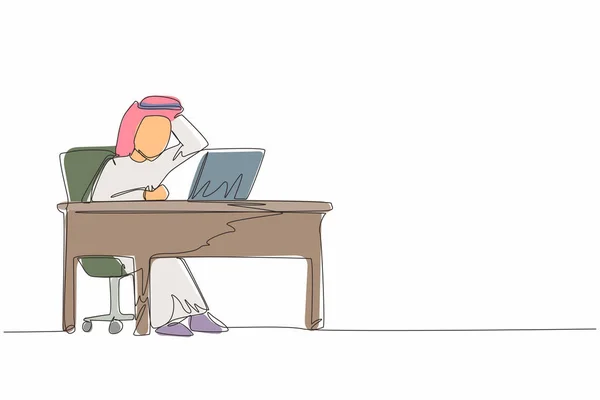 Ciągły Rysunek Męskiego Menedżera Pracującego Laptopie Arabski Biznesmen Znakiem Zapytania — Wektor stockowy
