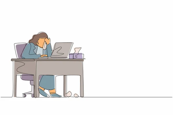 Enkelt Kontinuerlig Linje Tegning Kvindelige Medarbejder Græder Mens Aftørring Tårer – Stock-vektor