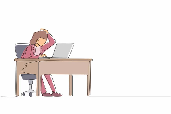 Eine Durchgehende Linienzeichnung Weiblicher Manager Die Computer Laptop Arbeitet Frau — Stockvektor