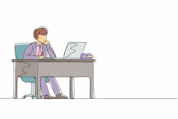 Однорядний Безперервний Малюнок Бізнесмен Пише Сидячи Перед Ноутбуком Столом Молодий — стоковий вектор