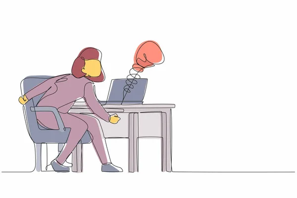 ソーシャルメディアを使用して悲しい女性を描き コンピュータのラップトップからボクシンググローブでパンチされている連続的な1行 サイバーいじめ ソーシャルメディアを利用したオンラインハラスメント 単線画設計ベクトル — ストックベクタ