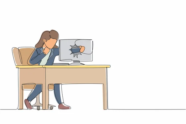 Eine Durchgehende Linie Zeichnet Eine Wütende Geschäftsfrau Die Ihren Laptop — Stockvektor