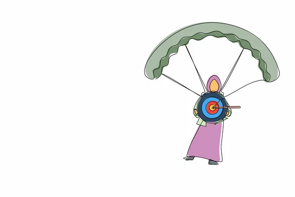 单行画阿拉伯女商人拿着弓箭射向靶子 用降落伞跳跃 企业财务目标最小的概念 现代连续线绘图设计图形矢量 — 图库矢量图片