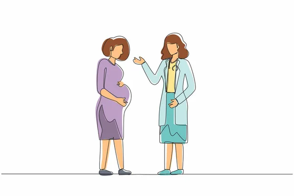 Eine Einzige Zeile Zeichnet Eine Süße Schwangere Beim Arzttermin Frau — Stockvektor