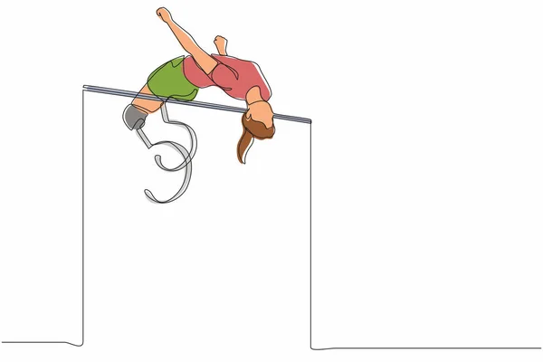 Одинарний Безперервний Малюнок Інвалідності Жінка Робить Вправи Стає Чемпіоном Високих — стоковий вектор