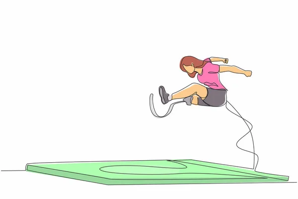 Einzeilige Zeichnung Einer Beinamputierten Athletin Weitsprungwettbewerb Der Leichtathletik Behindertenspiele Weitsprung — Stockvektor