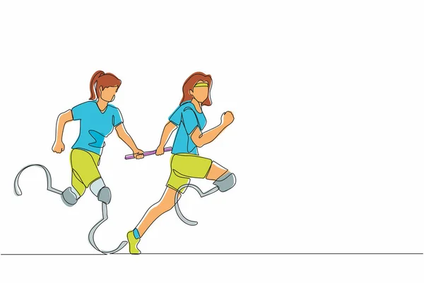 義肢を持つ2人の障害者ランナー 障害のある女性 切断者アスリート バトンを引き渡すリレーレースで走る切断者を描く1本の連続ライン グラフィックデザインベクトルを描く1行 — ストックベクタ