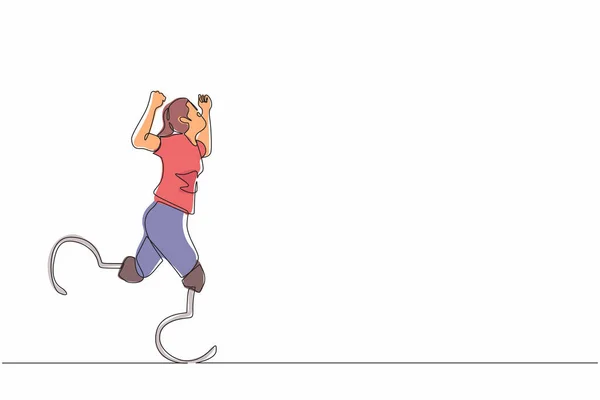 Singel Kontinuerlig Linje Rita Kvinna Idrottsman Maraton Löpare Med Proteser — Stock vektor