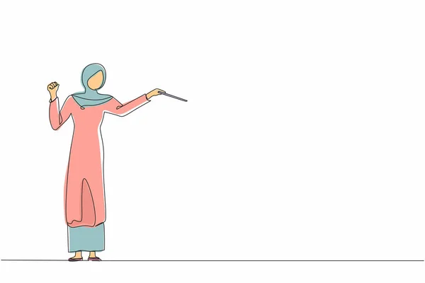 連続1行の描画アラブ女性音楽オーケストラ指揮者 腕のジェスチャーでタキシード姿の女性音楽家 指揮者はオーケストラの演奏を指揮する 単線画設計ベクトル — ストックベクタ