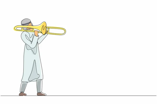 Безперервний Один Рядок Малює Арабського Тромбоніста Мужній Виконавець Грає Духовому — стоковий вектор