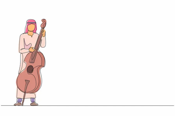 大きな弦楽器で立ってダブルベースプレーヤーを描く連続1行 アラブ音楽家はクラシック音楽を指で演奏する プロのコントラバス奏者 単線画設計ベクトル — ストックベクタ