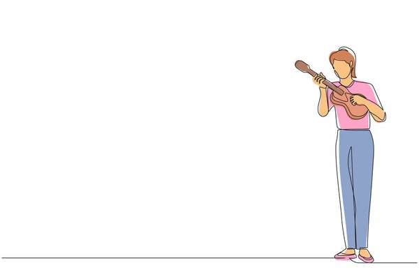 Jednoduchá Kontinuální Kresba Radostná Dívka Hrající Ukulele Zpívající Baví Ženská — Stockový vektor