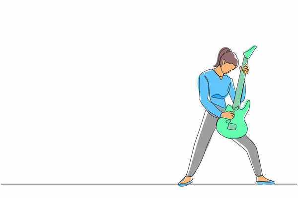 Una Sola Línea Dibujando Música Femenina Tocando Guitarra Eléctrica Mujer — Vector de stock