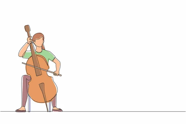单行连续吸引年轻的女表演者演奏对比度 女人在演奏大提琴 音乐家在演奏古典乐器 单行绘图图形设计矢量插图 — 图库矢量图片