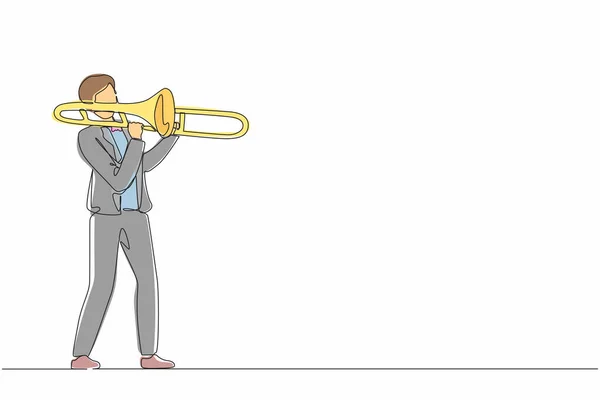 Uma Única Linha Desenhando Trombone Player Artista Masculino Tocar Instrumento —  Vetores de Stock