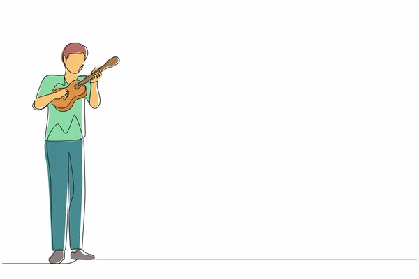 单行连续画快乐的家伙玩四弦琴 唱得很开心 男音乐家拿着小吉他唱歌 人在乐器上演奏 单线绘图图形设计矢量 — 图库矢量图片