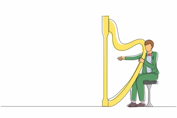 Uma Única Linha Desenho Homem Músico Tocando Harpa Personagem Performer — Vetor de Stock