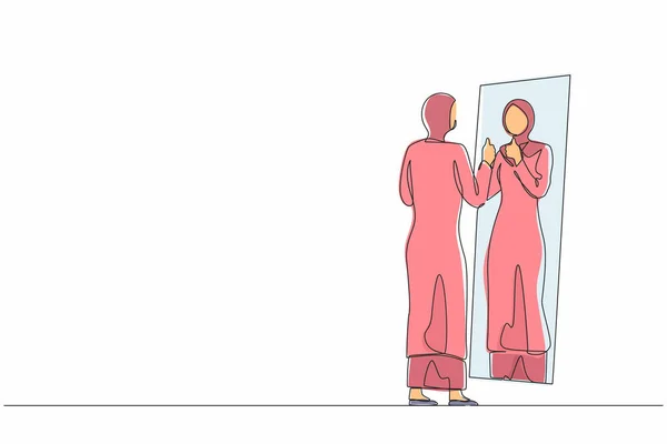Eine Durchgehende Zeichnung Arabischer Geschäftsfrau Liebt Ihr Spiegelbild Spiegel Mit — Stockvektor