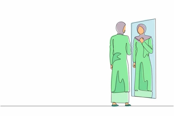 Непрерывная Линия Изображающая Арабскую Деловую Женщину Регулирующую Хиджаб Перед Зеркалом — стоковый вектор