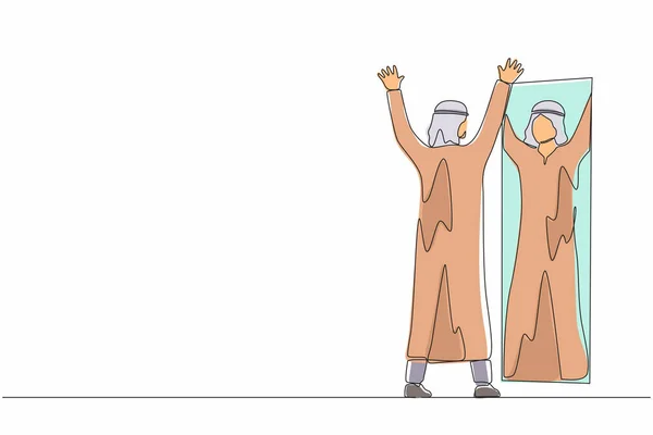 Unique Ligne Continue Dessin Homme Affaires Arabe Heureux Regarder Dans — Image vectorielle