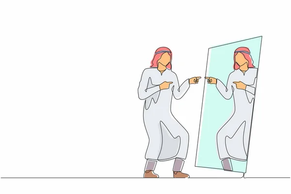 Συνεχής Γραμμή Που Ζωγραφίζει Ναρκισσιστές Άραβες Επιχειρηματίες Κοιτάζονται Στον Καθρέφτη — Διανυσματικό Αρχείο