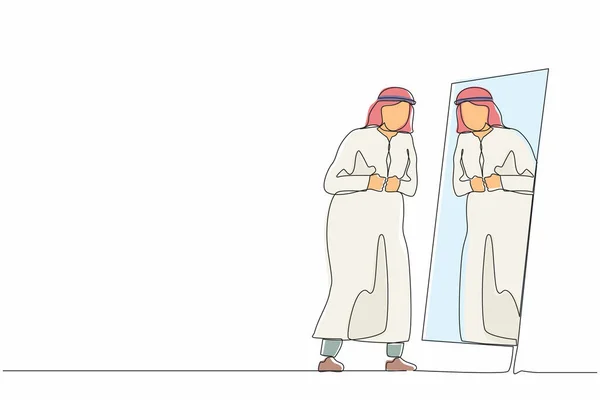 シングル連続線画アラブのビジネスマンミラーを見て 自分自身を見て 正式な摩耗の彼のアラビア服のボタンを調整し 仕事のために自分自身を準備します 1行のグラフィックデザインベクトル — ストックベクタ