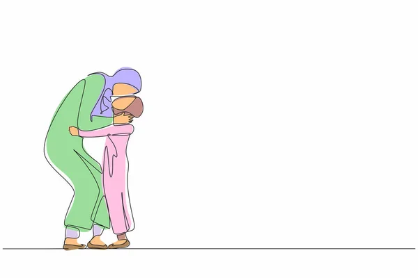 愛と優しさを感じかわいい娘にキスを受け入れる若いアラブの母親を思いやりのある単一の連続線画 母の日 休日の概念 1行のグラフィックデザインベクトルイラスト — ストックベクタ