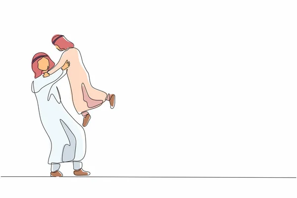幸せな父の日を描く単連続線 幼い息子を抱いて育った父を愛する 父親と子供が一緒に遊んでいるアラブ家族 1行のグラフィックデザインベクトルイラスト — ストックベクタ
