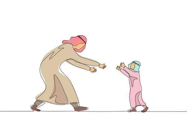 连续一行画小男孩跑向他的爸爸 孩子高兴地欢迎爸爸回家 阿拉伯爸爸向儿子伸出手 快乐的孩子和父母单行绘图设计矢量图形 — 图库矢量图片