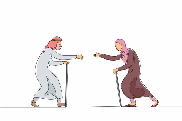 Single One Line Drawing Senior Woman Running Hug Man Elderly — Stock Vector