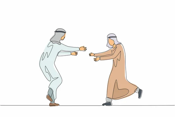 Single Continuous Line Drawing Two Happy Arabian Guys Run Meet — Stock Vector