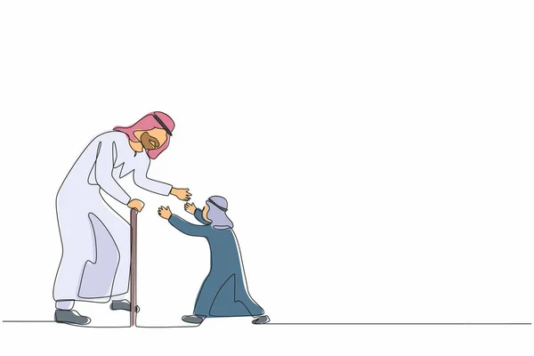 祖父を抱きかかえるために走っている幸せな男の子を描く一本の線 アラブの孫は祖父母を訪ねている 老人は家で孫を歓迎する 連続線画ベクトル図 — ストックベクタ