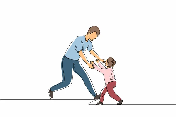 家族の抱擁のためにお父さんに走って楽しい小さな娘を描く一本のライン 幸せな女の子の愛を持つ男に会う 父の日 子供時代の概念 連続線設計図ベクトル — ストックベクタ