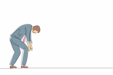 Sürekli bir sıra halinde üzgün işadamı eğildi. Yalnız hisseden, zihinsel baskı ya da stres yaşayan bir adam. Küresel ekonomik durgunlukta iflas, başarısızlık. Tek çizgi grafik tasarım vektörü