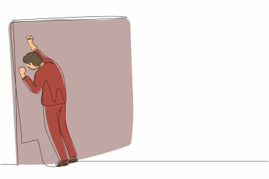 Bir satırda ağlayan bir işadamı üzgün bir şekilde fırsatını kaybetti. Depresyondaki ofis çalışanı duvarda feryat ediyor işini kaybediyor. Depresyon bozukluğu, keder. Devamlı çizgi çizimi grafik vektörü