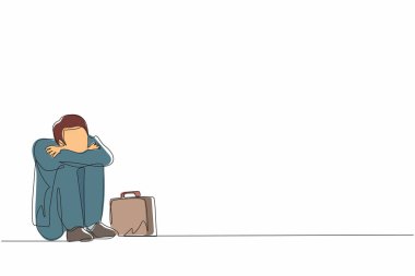 Depresyondaki işadamını çeken tek sıra hüzünlü bir hüzün ve yerde umutsuzluk içinde duran evrak çantasıyla dolu. İşçi kendini üzgün ve stresli hissediyor. Bir çizgi tasarım vektörü