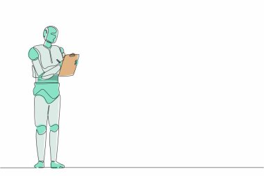 Tek satır halinde robot dursun ve panoya yazsın. Geleceğin teknoloji gelişimi. Yapay zeka ve makine öğrenme süreci. Devamlı çizgi tasarımı grafik vektör illüstrasyonu