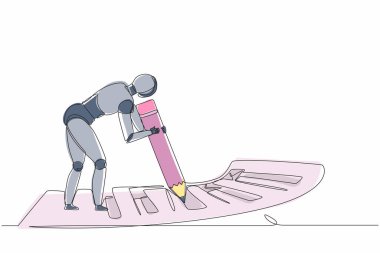 Devamlı bir satır halinde robotlar büyük kontrol listesinin yanında duruyor ve anketi kalemle dolduruyor. İnsansı robot sibernetik organizma. Geleceğin robotik gelişimi. Tek çizgi çizme tasarım vektörü