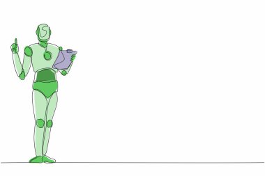Devamlı bir çizgi çiziyor, robotlar pano tutuyor ve işaret parmağını yukarı kaldırıyor. İnsansı robot sibernetik organizma. Geleceğin robotik geliştirme konsepti. Tek çizgi çizimi tasarım vektör çizimi