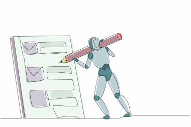 Devamlı tek satır halinde duran robotlar çiziyor ve listeyi büyük kalemle işaretliyor. İnsansı robot sibernetik organizma. Geleceğin robotik geliştirme konsepti. Tek çizgi tasarım vektör grafik çizimi