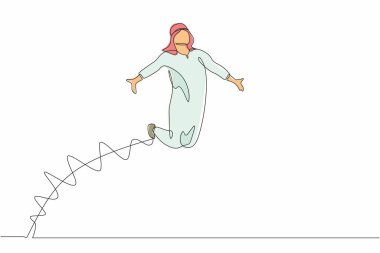 Tek sıra halinde mutlu bir Arap işadamı, bacaklarını kaldırıp kollarını açıyor. Erkek müdür, artan ürün satışlarının başarısını kutluyor. Bir çizgi çizme tasarım vektörü