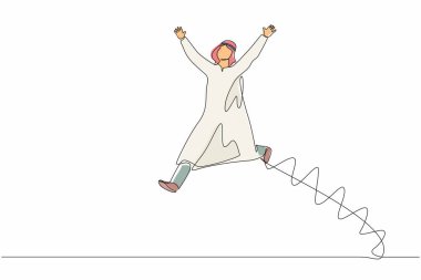 Tek sıra halinde mutlu bir Arap işadamı iki eli havada atlıyor. Satıcı şirketten gelen maaş artışını ve faydaları kutluyor. Bir çizgi çizimi grafik tasarım vektör çizimi