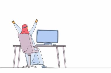 Mutlu bir Arap 'ın görevini başarıyla tamamlaması ve iş yerinde zafer kazanması. Başarılı bir iş çıkardın. Tamamlanmış bir görev. Bir çizgi çizimi grafik tasarım vektörü