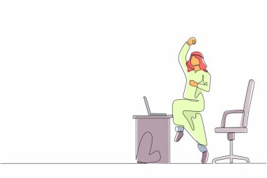 Sürekli mutlu Arap işadamlarının işyerlerinde zıplayıp dans etmelerini sağlayan bir çizgi. Erkek müdür, artan ürün satışlarının başarısını kutluyor. Tek çizgi çizimi tasarım vektörü grafiği