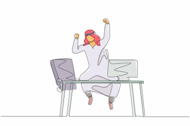 Tek sıra halinde mutlu bir Arap işadamını iş yerinde elini kaldırarak zıplatıyor. Erkek müdür şirket ürün satışlarının artmasını kutluyor. Bir çizgi çizimi grafik tasarım vektörü