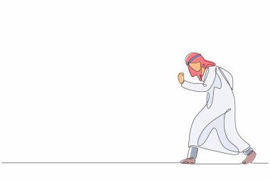 Tek sıra halinde mutlu Arap işadamını selamla ve evet işareti yap. Ofis çalışanı şirket projesinin başarısını kutluyor. Başarılı bir zafer. Aralıksız çizgi çizimi tasarım grafik vektör çizimi