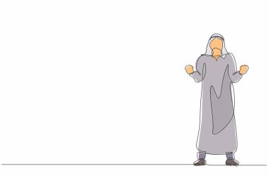 İki eliyle ayakta duran mutlu Arap işadamını çeken tek sıra evet işareti yapar. Genç ofis çalışanı şirket projesinin başarısını kutluyor. Bir çizgi grafik tasarım vektör çizimi