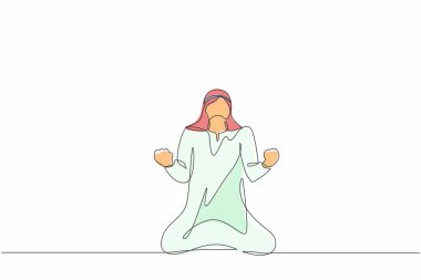 Sürekli mutlu Arap işadamlarının iki eliyle diz çöktüğü bir çizgi evet işareti yapar. Erkek müdür şirket ürün satışlarının artmasını kutluyor. Tek çizgi çizimi tasarım vektörü grafiği