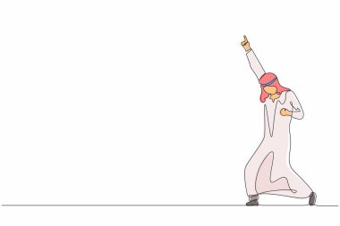 Bir çizgi sürekli mutlu bir Arap işadamını çekiyor bir elini kaldırıyor, diğer eli de evet diyor. Ofis çalışanı şirket projesinin başarısını kutluyor. Tek çizgi çizimi tasarım vektörü grafiği